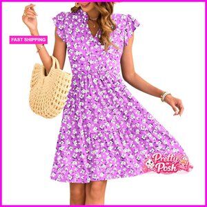 V Neck Empire Waist Ruffled Sleeve Mini Sundress with Pockets